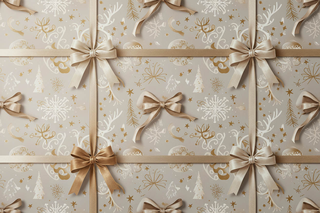 vSeamless gift-wrap pattern background, soft neutral colors, elegant ribbons and bows, minimalistic holiday elements, luxury paper texture, high-end Shopify store aesthetic, subtle depth, no text, professional e-commerce background
